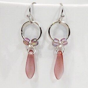 Czechoslovakian Rosy Pink Glass Dagger Earrings Lightweight Minimalist
